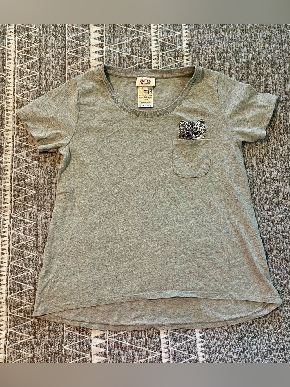 Paul & Joe Sister Glendale Cat Pocket Tee Grey Embroidered XS